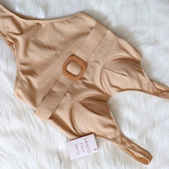 NWT Tan Ribbed Belted Bohemian One Piece Swimsuit Size Medium Bathing Suit - Picture 5 of 10